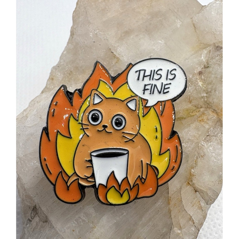 This Is Fine Cat Enamel Pin Funny Fire Meme Hard Enamel Lapel Pin New Orange Cat
